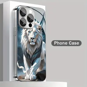 A glass phone case designed as a white lion, offering lens protection, compatible with various iPhone models, including the 16 series, 15 series, 14 series, 13 series, 12 series, and 11 series, featuring an elegant and beautiful appearance