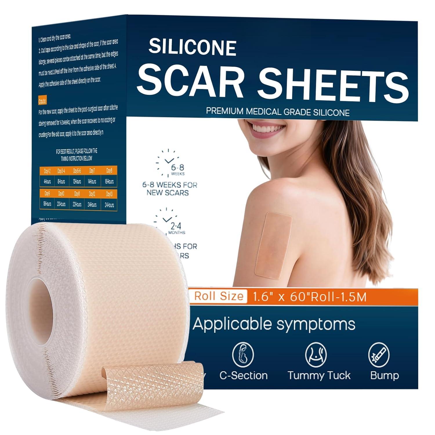 Silicone Scar Sheets,Silicone Scar Tape for Removal Treatment,Medical Grade Scar Tape for Surgical Scars,C-Section,Tummy Tuck,Scar Removal Away(1.6" x 60" Roll - 1.5M)
