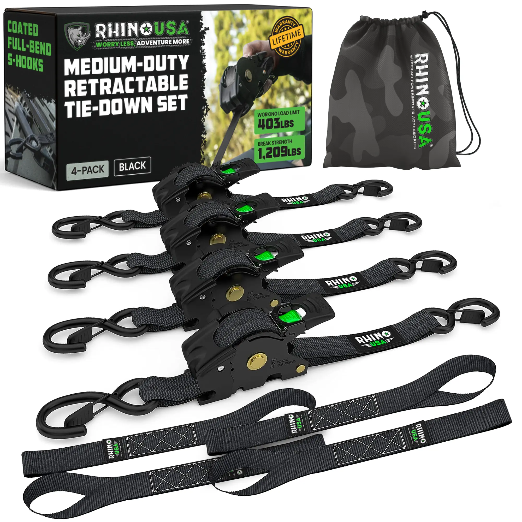 Rhino USA 1" x 10' Retractable Ratchet Straps (select 2 pack or 4 pack) - Medium Duty Self Retracting Tie Down Straps for Truck, Cargo Trailer