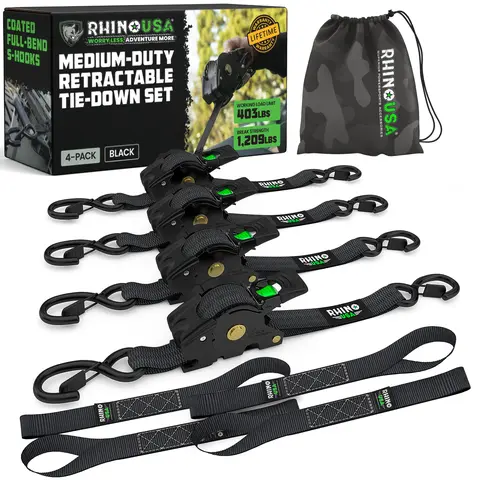 Rhino USA 1" x 10' Retractable Ratchet Straps (select 2 pack or 4 pack) - Medium Duty Self Retracting Tie Down Straps for Truck, Cargo Trailer