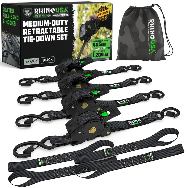 Rhino USA 1" x 10' Retractable Ratchet Straps (select 2 pack or 4 pack) - Medium Duty Self Retracting Tie Down Straps for Truck, Cargo Trailer
