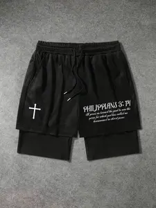 Men's Philippians 3:14 Bible Verse 2-in-1 Athletic Shorts - Christian Cross Print Black Mesh Gym Shorts with Compression Liner, Quick Dry Moisture Wicking Workout Shorts for Running Training, Loose Fit Streetwear Inspired Basketball Shorts