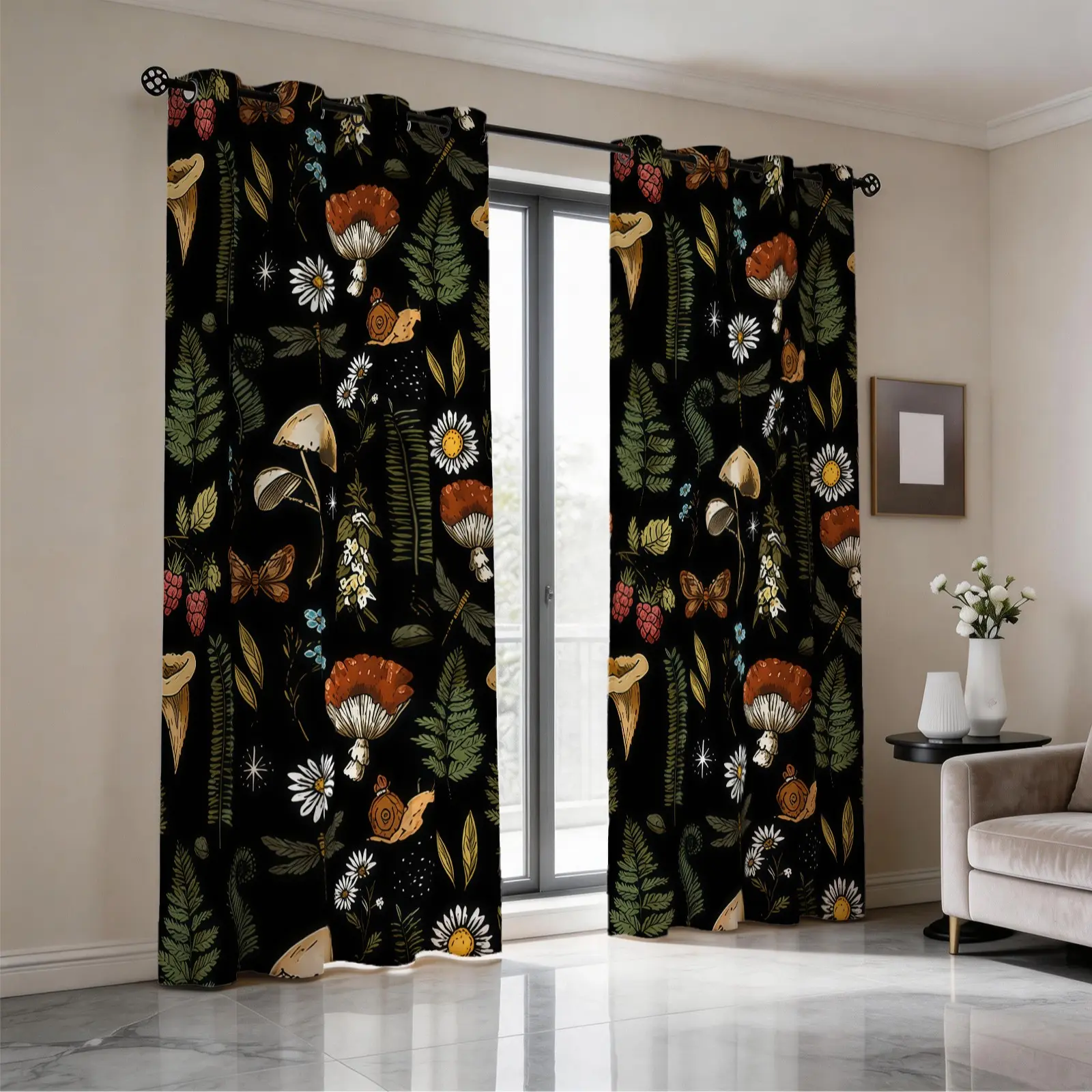 Mushroom Forest Pattern Curtains, 2-Piece Set, Window Curtain, Room Decor, Home Decoration Curtains, Natural Wind Blackout Curtains, Home Decorative Curtain, Suitable For Nature Lovers, Bohemian Style Lovers, Bedrooms, Dormitories, Cabin Scenes