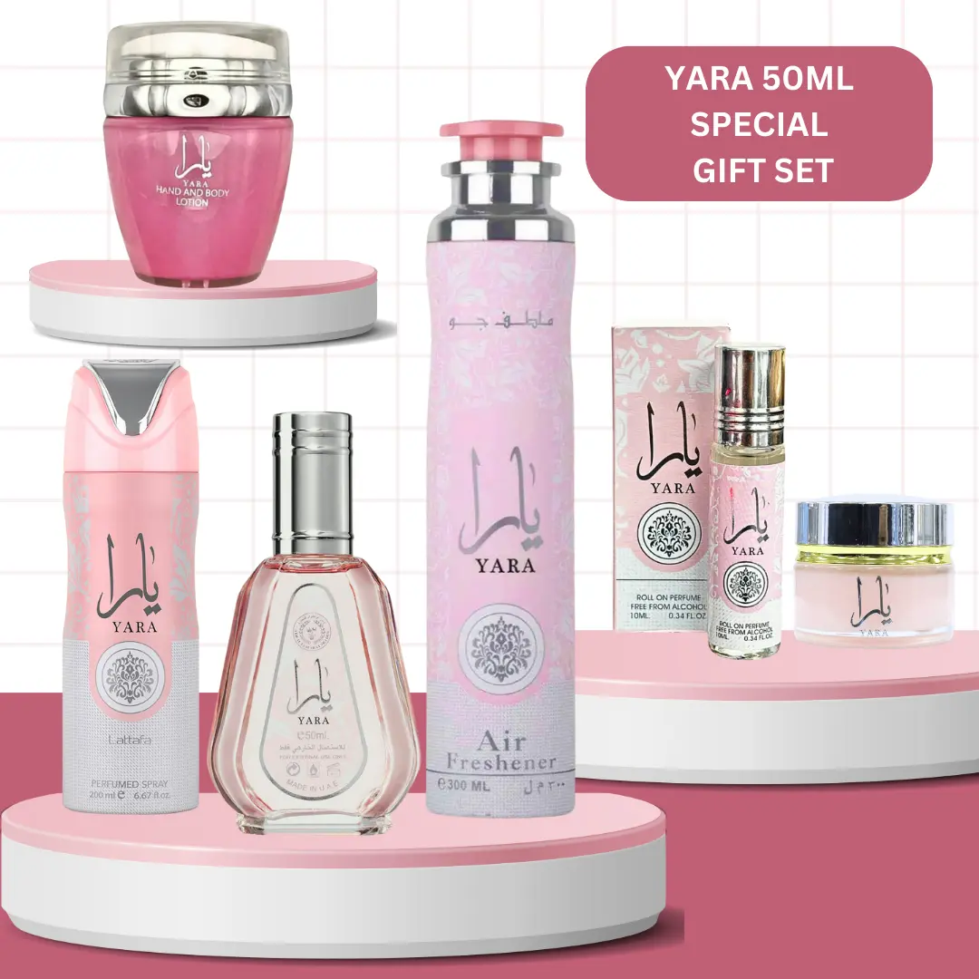 Lattafa Yara Collection Luxury Fragrance & Scented Daily Body Care Set - 200ml Deodorant, 45ml Hand & Body Lotion, 300ml Air Freshener, 50ml Spray Perfume, 10ml Oil Perfume, 20g Mukhamaria Jamid Aroma Product, Body Care Sets, Boxed Women's Fragrance