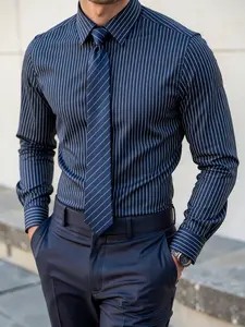 Men’s Navy Blue Striped Dress Shirt | Slim Fit Long Sleeve Button Down | Business, Office & Wedding Shirt