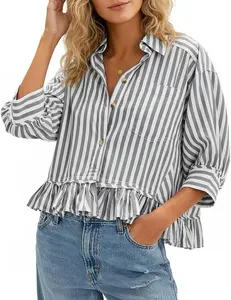 Mincib Womens Ruffle Striped Blouse 3/4 Sleeve Button Down Shirt Dressy Casual Spring Summer Blouse Tops