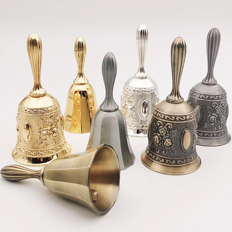 Retro Metal Tone Hand-Played Hand Bell with Ancient Silver Carving - Percussion Instrument, Handheld Craft Bell for Camping & Hiking Hammock Use, Decorative Doorbell Alarm for School Settings