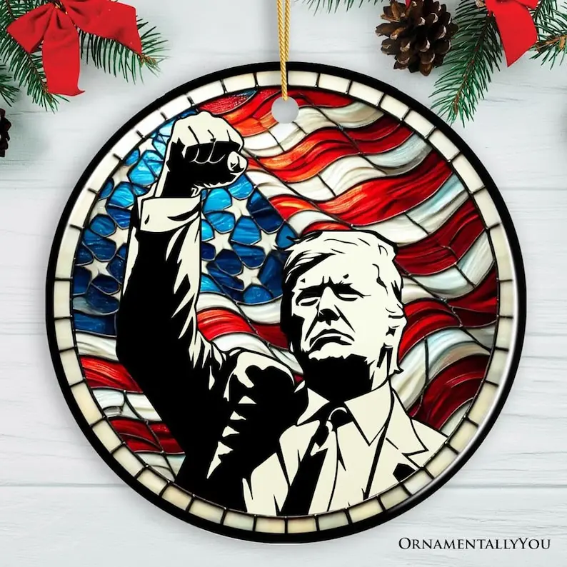 Trump with Raised Fist Stained Glass Ornament – American Pride Christmas Keepsake for Patriots, Resilience and Strength Decor