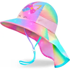 ST-50 Girls Sun Hat for Kids UV Protection Unicorn Summer Hat Beach Play Hats Wide Brim Neck Flap for Girls Ponytail Hat 2-9 Years