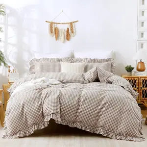 Tan Gingham Duvet Cover Bedding Set  Washed  Like Linen Feel Soft Breathable 3 count Brown Plaid Checkered Cute Ruffle Comforter Cover Set ( 104"x90", No Comforter)