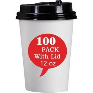 Disposable Coffee Cups with Lids 12 oz (100 Pack), White To Go Paper Coffee Cups for Hot & Cold Beverages, Suitable for Party, Picnic, Travel, and Events