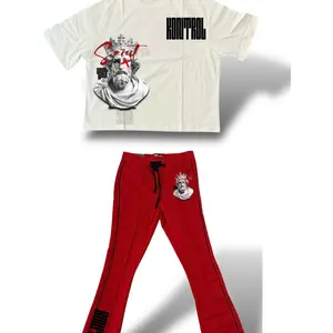 Kings Only Kontrol Khaos Joggers - Red Sweatpants with Black Piping and White T-Shirt with Crown Design