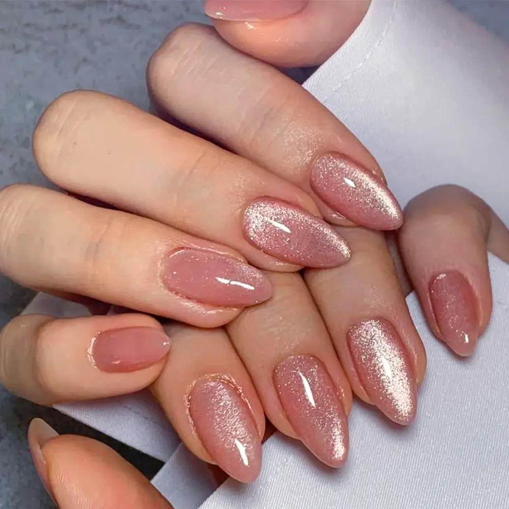 24pcs Almond Shape Nude Cat Eye Color Nail Tips, Detachable Wearable False Nails, Includes Nail File Jelly Glue, Glitter Nails, French Tip Nails, Fake Nails Kit, Nail Art Supplies