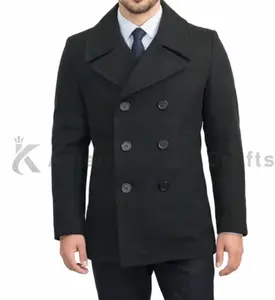 Men's US Navy Style Pea Coat Black British Military Inspired Wool Jacket Double-Breasted Front Convertible Collar Winter Wear