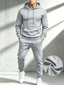 Men’s solid-color two-piece hoodie jogging tracksuit set, minimalist sweatshirt outfit, versatile long-sleeve pullover hooded casual wear for everyday use