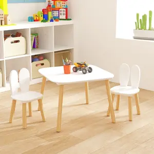Kids Table and 2 Chairs Set, 3 Pieces Rabbit Themed Toddler Table and Chair Set, Children Wooden Activity Play Table Set Solid Wood Legs (White)
