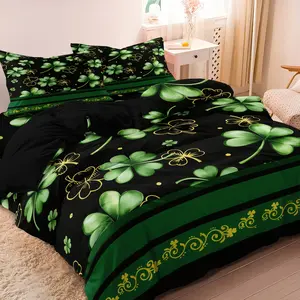 3pcs Duvet Cover Set, Machine Washable Duvet, Guest Room Essential Clover Green Pattern St. Patrick's, Soft Queen Style Gift, Bedding Set for Bedroom Guest Room, Birthday Gift (1 Duvet Cover + 2 Pillowcases No Core)