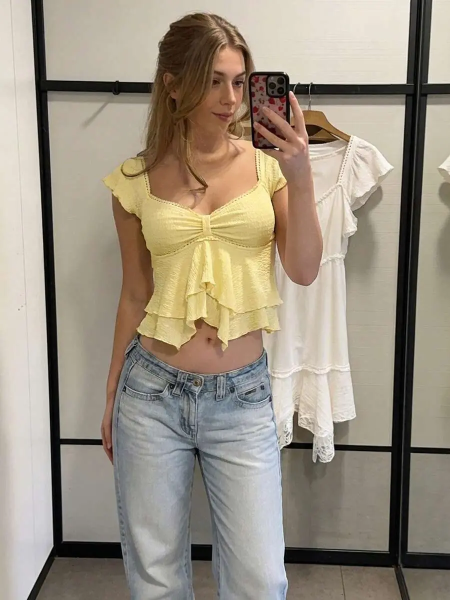 Women's Butter Yellow Milkmaid Top - Cute Coquette Crinkle Textured Going Out Top, Asymmetric Tiered Ruffle Sweetheart Blouse