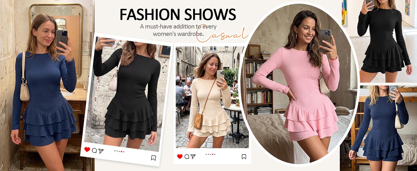 YOUSIFY Ladies Boat Neck Long Sleeve Skort Romper Ribbed Knit Tiered Ruffle Hem Bodycon One Piece Shorts Jumpsuit