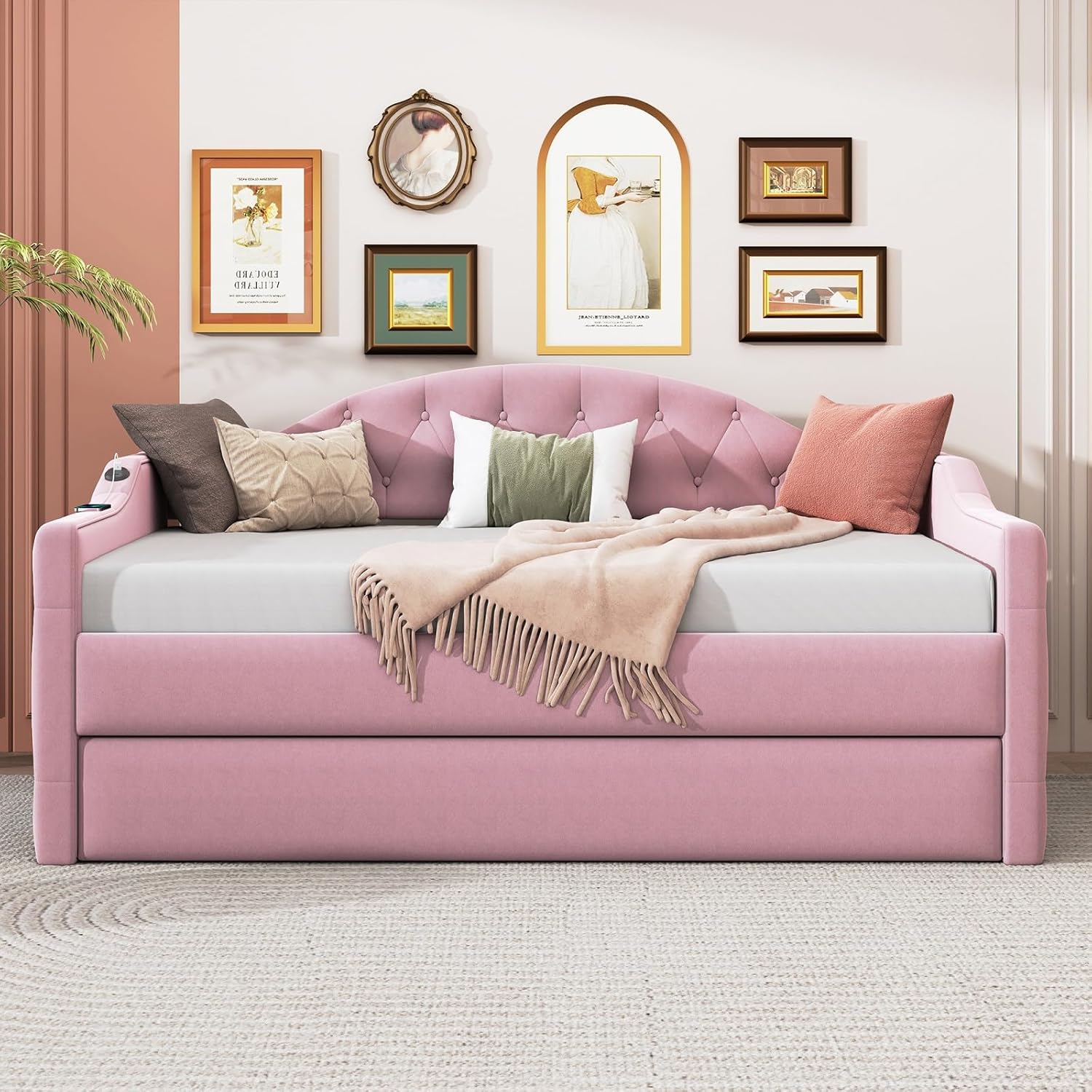 Upholstered Daybed and Trundle, Velvet Modern Button Tufted Twin Size Daybed Frame with USB&Type-C Charging Ports, Daybed Sofa Bed with Wood Slat Support, for Bedroom Living Room Guest Room (Pink)
