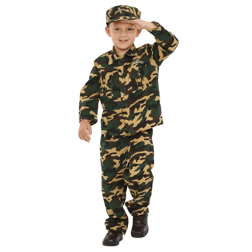 Army Dress Up Costume for Kids - Camouflage Military Uniform with Shirt, Pants & Cap – Realistic Army Role Play Outfit for Boys – School Theme Party, Career Day, Cosplay & Pretend Play Fun - Gift For Army Lovers