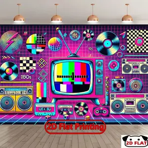 2D Flat Banner 1pc, 2D Door Banner,   Retro 80s Neon Photography Backdrop - Vibrant TV, Cassette Tapes & Boombox Design, Durable Indoor/Outdoor Banner Birthdays, Studio Props, Holiday Decor(Juneteenth/Father’s Party Decoration Supplies