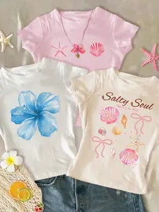 Women's Round Neck Crop Top 3 Pack, Floral Shell Print Design, Casual Summer Tops, Daily Wear, Back to School Clothing
