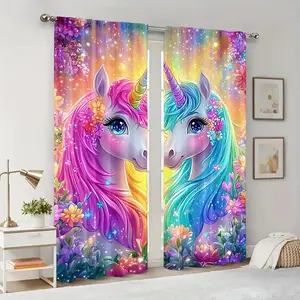 Magic Unicorn Floral Curtains, Vibrant Rainbow and Sparkling Stars Design, Polyester Fiber, Easy Wash, Home Living Room Bedroom Balcony Kitchen Bathroom Window Decor