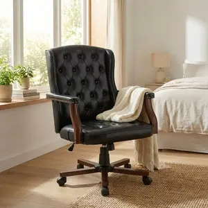Ergonomic Executive Office Chair - 350LBS Capacity - 7.6-Inch Thick Cushion - Vintage Brown Leather Wingback, Sturdy Wood Base, Comfortable Design - Home Office and Living Room