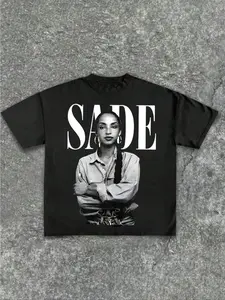 Unisex Sade Adu Singer Vintage Print Casual Letter Print Soft Short Sleeve T-shirt, Casual Streetwear, All Seasons, Fitted Style, Moderate Fabric Thickness, Casual Top