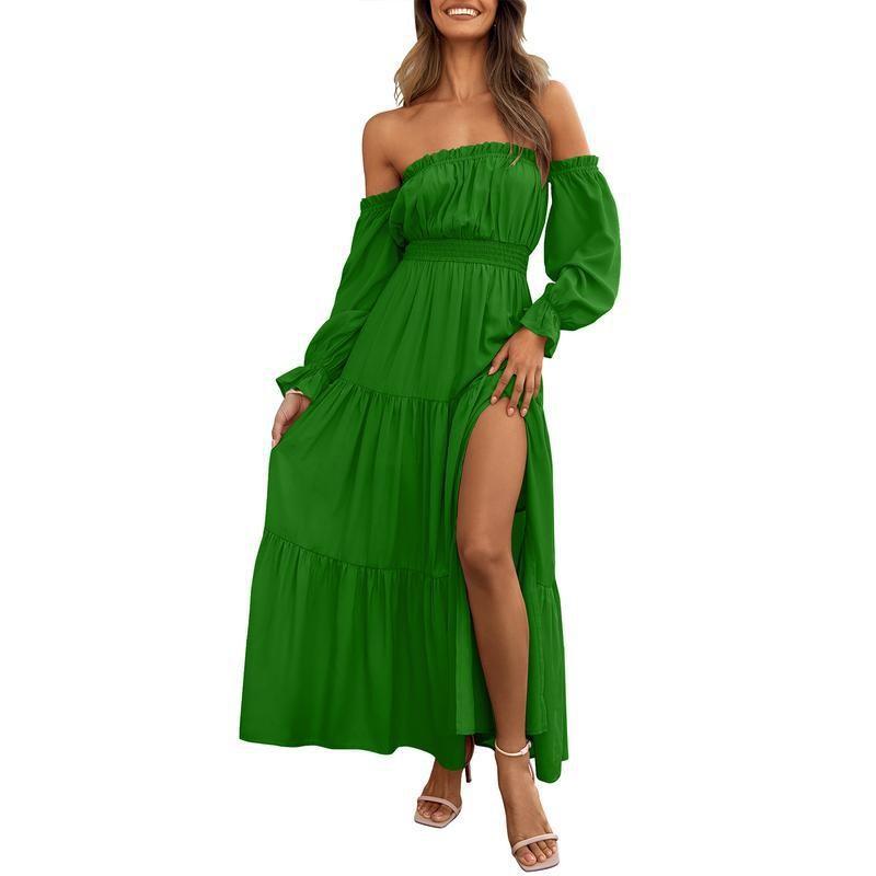Women's Off The Shoulder Maxi Dress Puff Long Sleeve Ruffle High Slit Boho Flowy Tiered Long Dresses for Summer Party Beach Women's Off The Shoulder Maxi Dress Puff Long Sleeve Ruffle High Slit Boho Flowy Tiered Long Dresses for Summer Party Beach