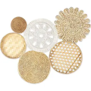 Boho Wall Basket Decor Set of 6 Rustic Hanging Round Flat Woven Baskets Rattan Wicker Wall Decor Art for Farmhouse Home Table Settings Living Room Bedroom Decoration