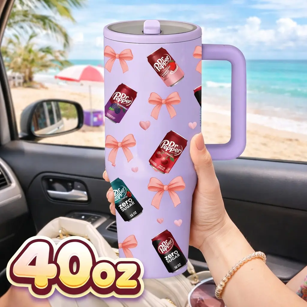 1 Pc 40oz insulated mug, Thermos coffee travel mug, Drinkware, Stainless, soda drink inspired bow print design, tumbler, double wall vacuum cup, leak proof lid, large capacity thermal mug, keeps hot 12 hours cold 24 hours, gift for women men, reusable