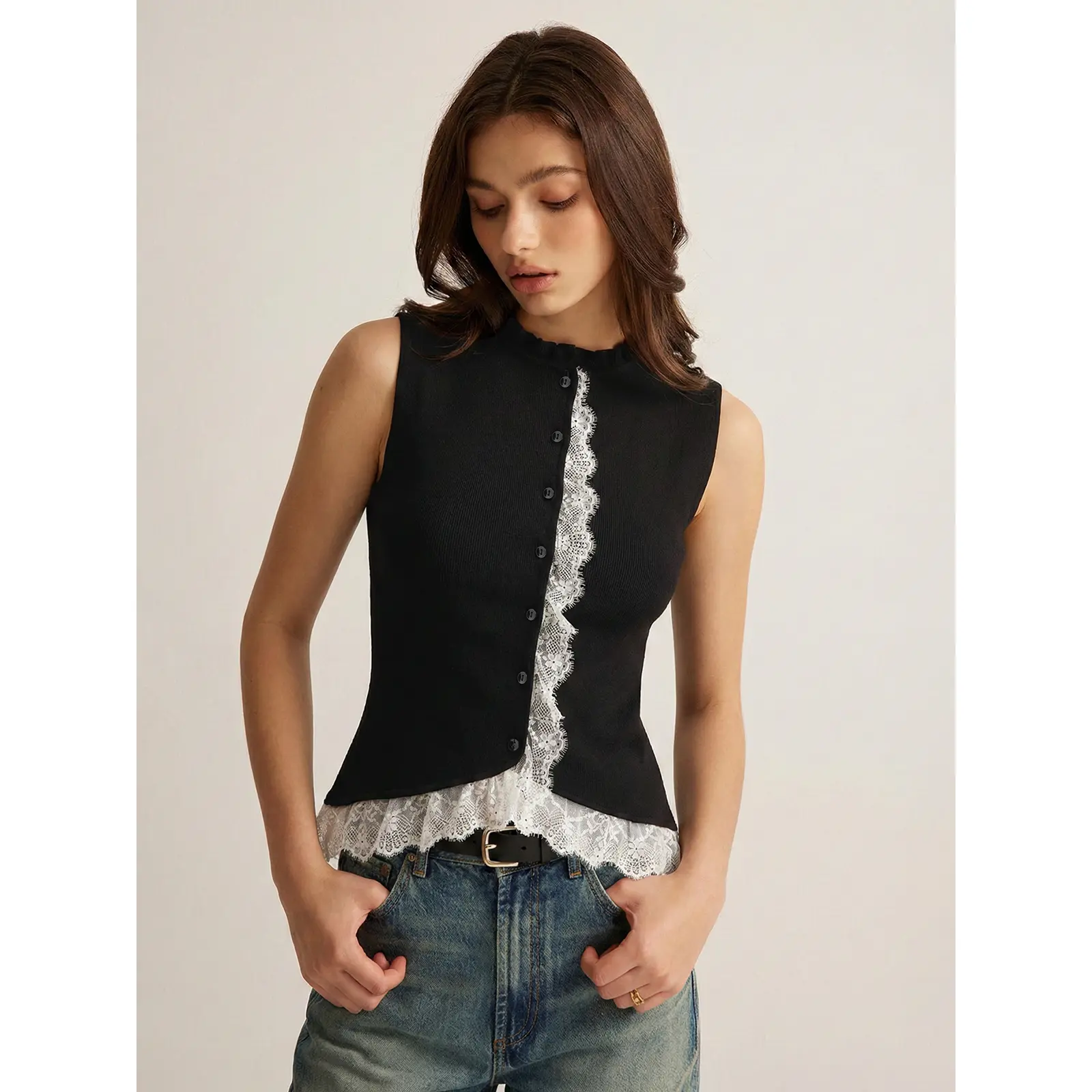 Lace Trim Button Front Knit Vest