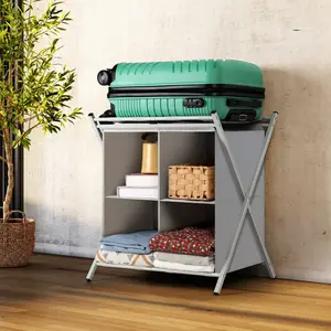 Foldable Metal Luggage Rack with 4 Fabric Storage Bags | Multi Use Organizer for Hotel Bedroom Living Room, Space Saving Collapsible Valet Stand for Clothes Towels and Shoes, Luggage Racks