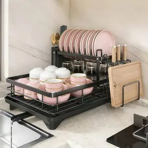 2-Tier Black Stainless Steel Dish Drying Rack with Removable Drain Tray, Large Capacity Countertop Organizer for Kitchen, Holds Plates, Bowls, Cups and Cutting Boards, Rustproof and Durable, Tool-Free Assembly