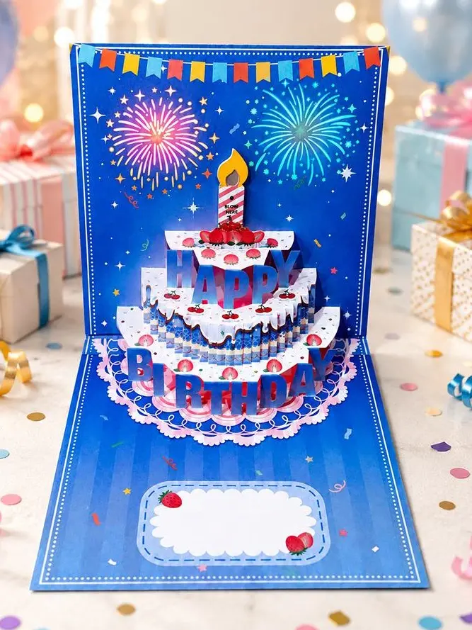 3D Pop Up Musical Happy Birthday Greeting Card with Blowable LED Candle - Office Stationery, Milestone Gift for All Ages (1-100) - Back to School & Father's Day Use   Birthday Card for Boyfriend