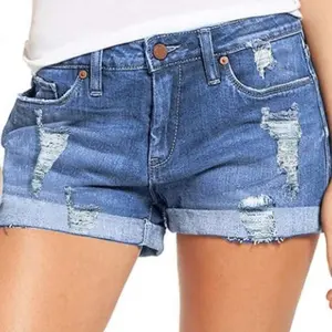 Women's Ripped Folded Hem Casual Denim Jean Shorts With Pockets Mid Waisted Non Stretch Short Jeans For Holiday Home Wear - Bottom, Womenswear