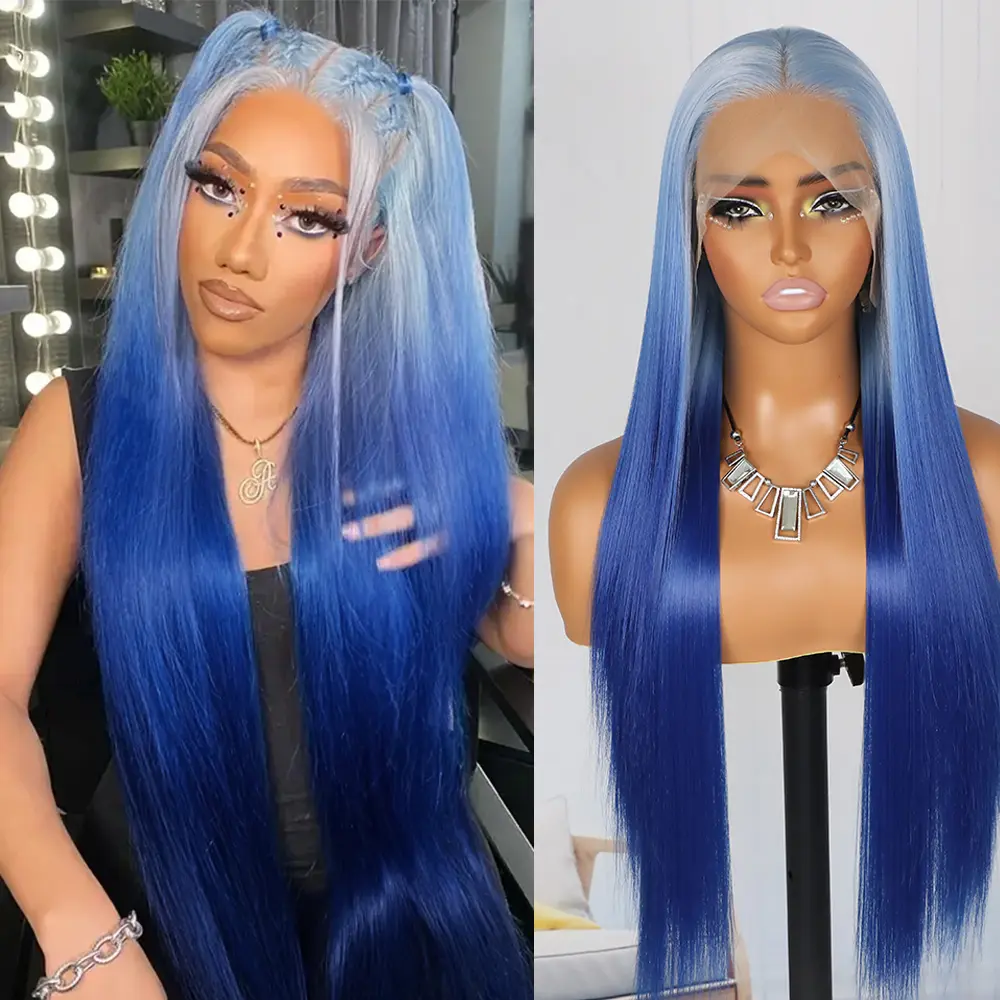 QD-Tizer Ombre Blue Long Straight Hair Wigs 13x4 Synthetic Lace Front Wigs For Women HD Glueless Free Part Two Tone Color Synthetic Heat Resistant Fiber Hair Wig Pre Plucked 26 Inch