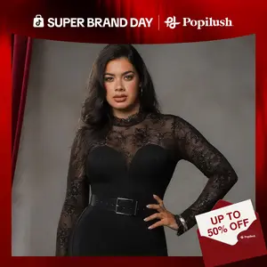 ​​Popilush Deep V-Neck Long Sleeve Bodysuit - Sheer Lace Turtleneck with Built-in Bra & Tummy Control​ Casual Womenswear Everyday Breathable - Live