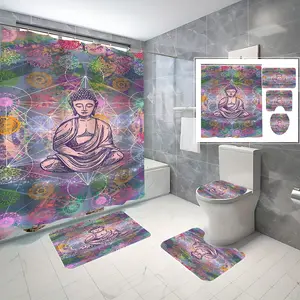 4 Pcs Buddha Mandala Bathroom Curtain Sets with 12 Hooks,Spiritual Chakra Large Waterproof Thickened Mildew Proof Bathroom Partition Curtain,Bathroom Shower Curtain,Toilet Lid Cover,Non-Slip Bathroom Rugs and U Shape Bath Mat,Modern Decor