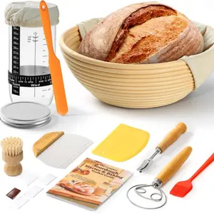 Complete Bread Proofing Basket Kit | All-in-One Set with Banneton(9 in), Sourdough Starter Jar Kit, Bread Lame, Dough Scraper, Whisk, Cutter & Tools