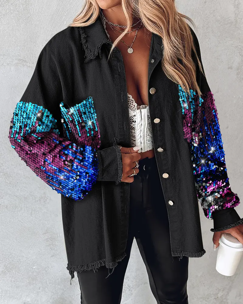 CHICME Women's Longline Colorblock Sequin Denim Shacket, Oversized Relaxed Fit with Drop Shoulders, Batwing Long Sleeves and Raw Hem, Jackets, Clothes, Hand Wash, Sequin Pockets, Stylish Casual Tops, Batwing Sleeve, Chic Casual
