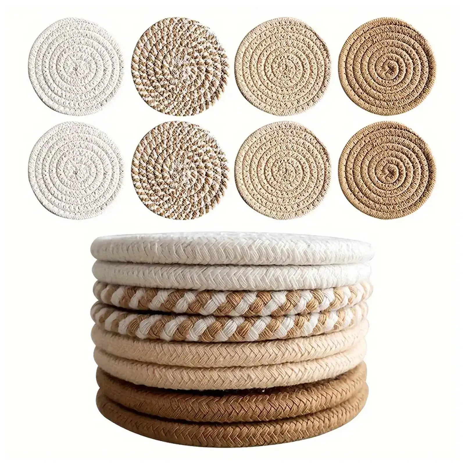 8-Piece Handmade Cotton Yarn Coaster Set – Placed on Coffee or Dining Tables, Protects Surfaces from Hot Drinks and Condensation Rings