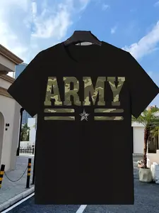 Men's & Women's Plus Size Oversized ARMY Camo with Star Logo & ARMY Text Print, Seasonal Fashion, Retro Design, Comfortable Fit, Short Sleeve Shirt, Gift Shoppers, Holiday Shoppers