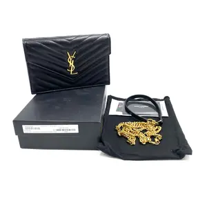 Pre-owned Yves Saint Laurent Saint Laurent Small Monogram Envelope Chain Bag Grain de Poudre Embossed Leather Black Gold h24439