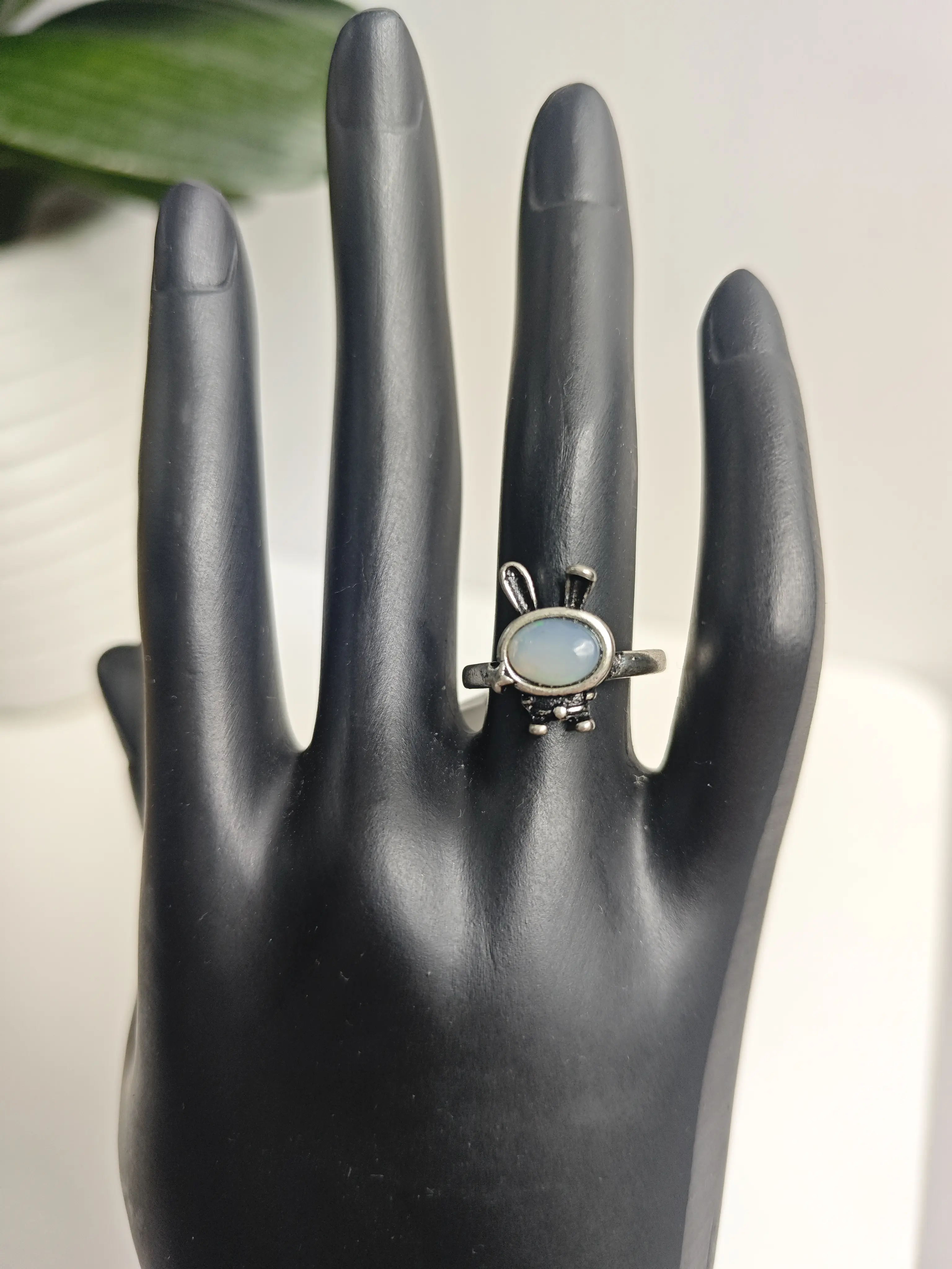 Ruby(12445)gc.Opal Moon Rabbit Ring - Adjustable Sterling Silver with Bunny Ears & Color-Changing Center