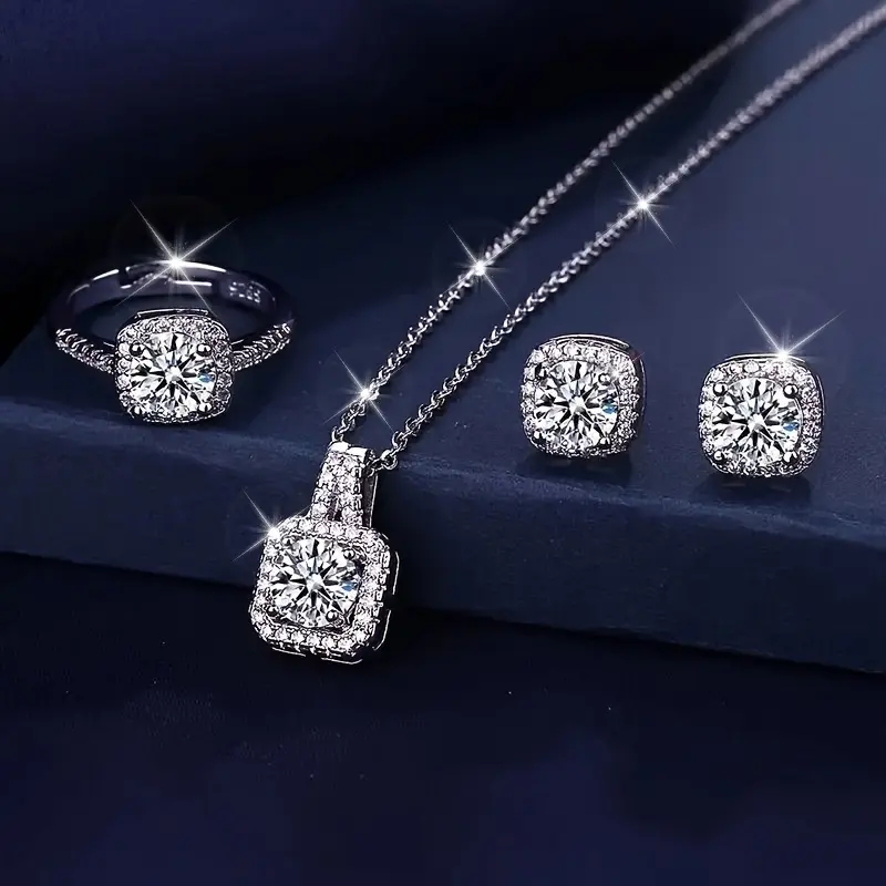 Women's S925 Silver Luxury Mini Gift Set - Block Shape Natural Stone Square Ring, Square Earrings, Clavicle Chain - Birthday Gift for Mom and Ladies, Gifts For Mom