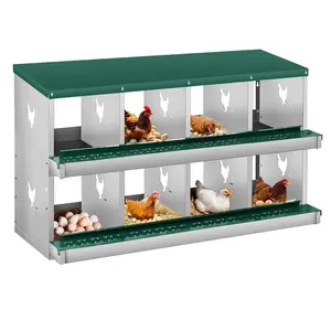 GAOMON 8 Holes Chicken Nesting Box, Heavy Duty Galvanized Steel Metal Laying Boxes with 10 Pads & 4 Fake Eggs, Roll Away Nesting Box Egg Collection Tray, with Roosting Pole for Chicken Coop, Green