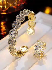 Fashionable and unique multi-coloured full-set synthetic zirconium gold yellow smiley face ladies' ring and bracelet set  Luxurious and versatile ladies' jewellery gift  Party accessories
